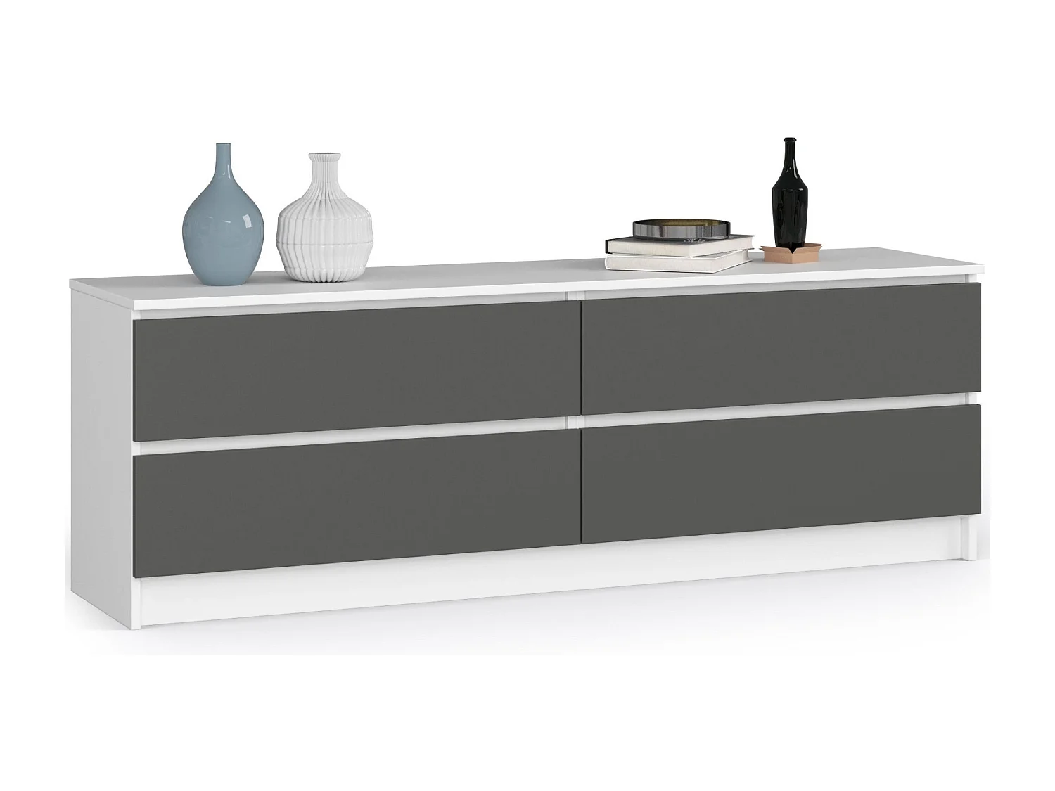 Grande Commode pour le salon AKORD K160 Blanche 160 cm 4 tiroirs façade Gris Graphite 160x40x55 cm