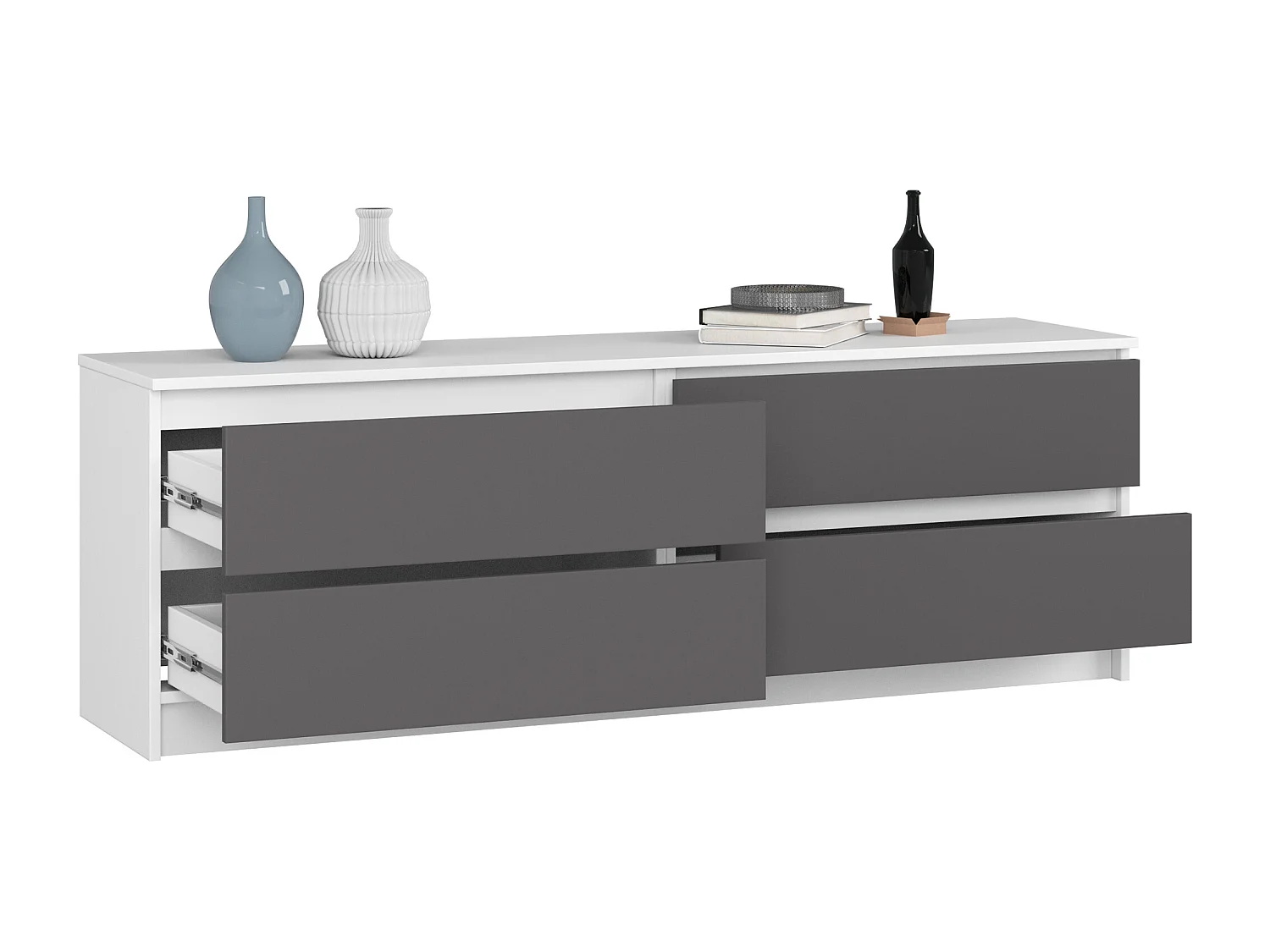 Grande Commode pour le salon AKORD K160 Blanche 160 cm 4 tiroirs façade Gris Graphite 160x40x55 cm