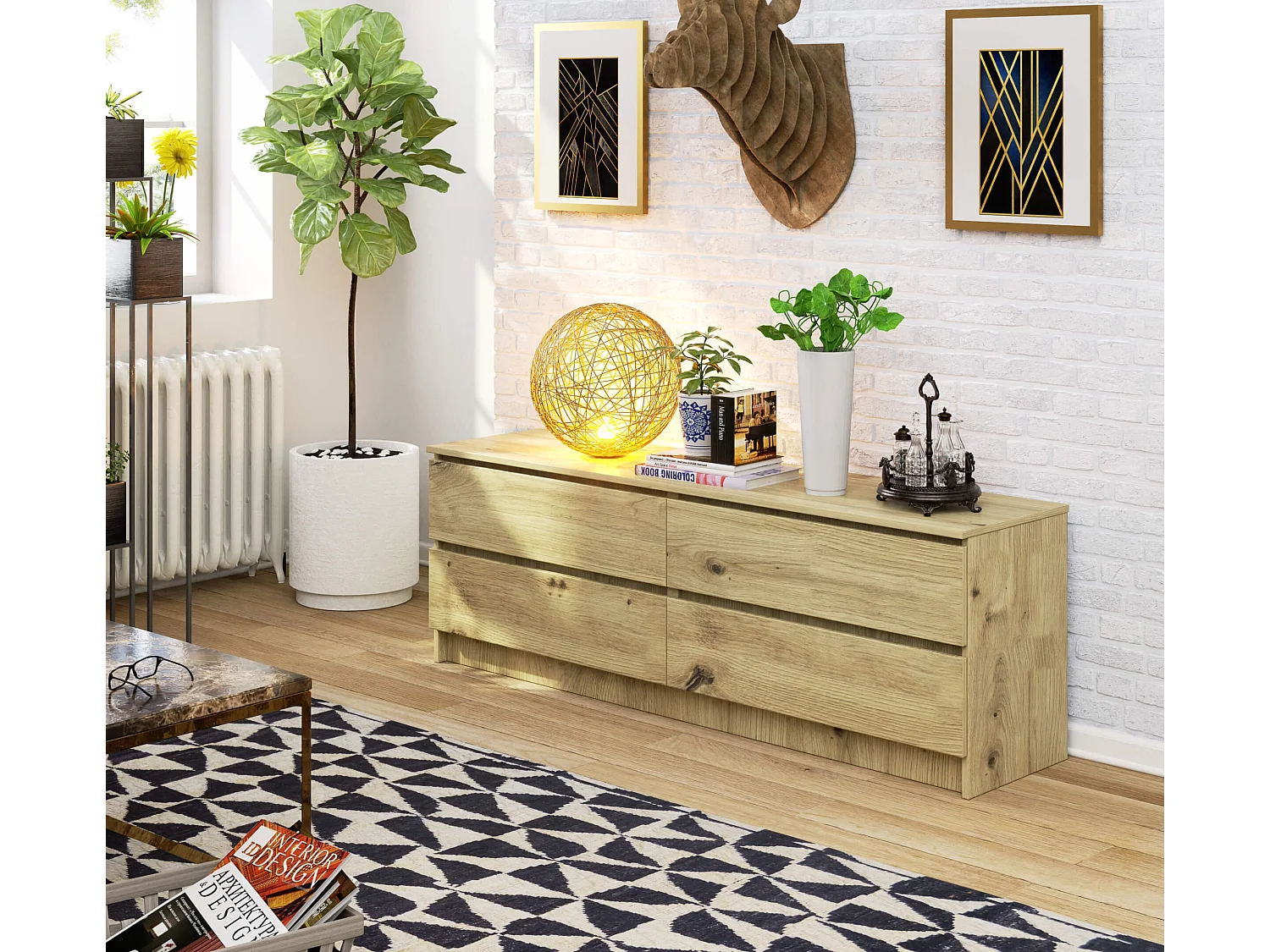 Grande Commode pour le salon AKORD K160 Chêne Artisan 160 cm 4 tiroirs façade Chêne Artisan 160x40x55 cm