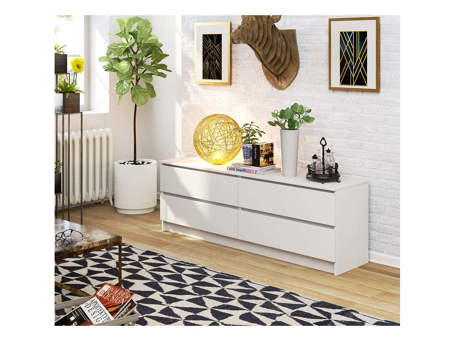 Kommode AKORD K160 Weiß 160 cm 4 Schubladen B160 x H55 x T40 cm