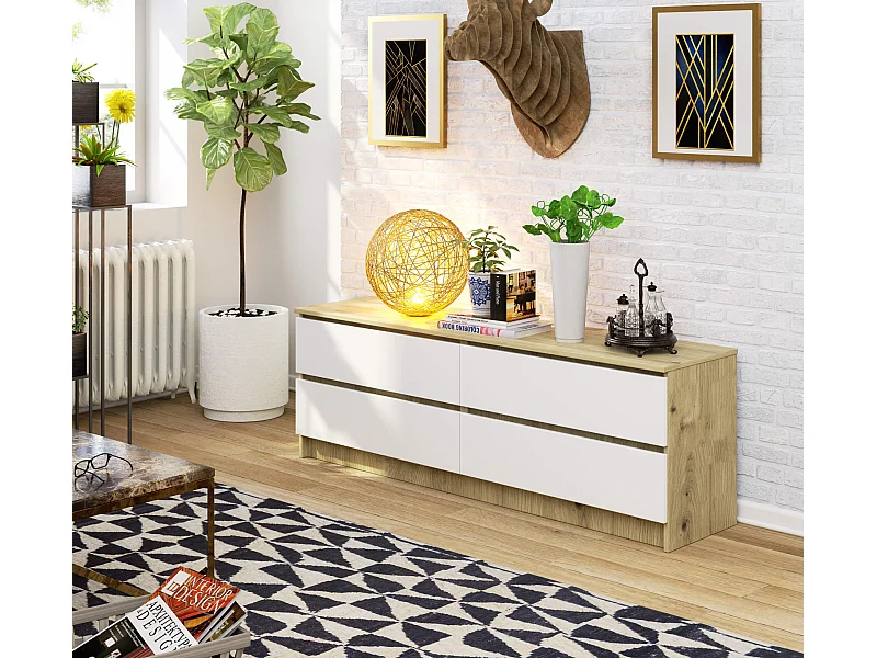 Grande Commode pour le salon AKORD K160 Chêne Artisan 160 cm 4 tiroirs façade Blanche 160x40x55 cm