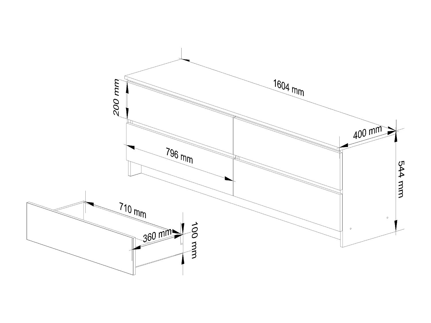Kommode AKORD K160 Eiche Artisan 160 cm 4 Schubladen Front Weiß B160 x H55 x T40 cm