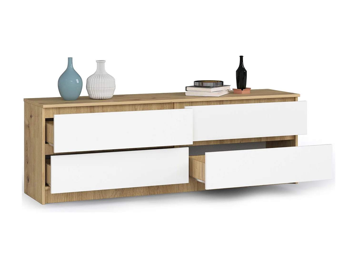 Grande Commode pour le salon AKORD K160 Chêne Artisan 160 cm 4 tiroirs façade Blanche 160x40x55 cm