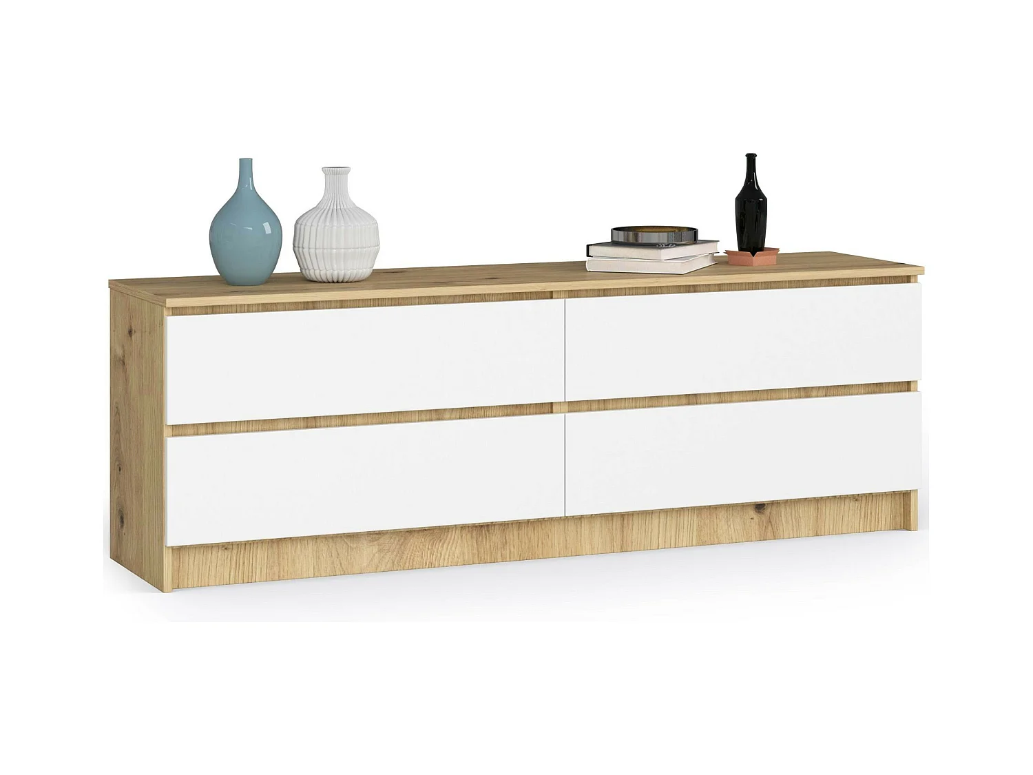 Grande Commode pour le salon AKORD K160 Chêne Artisan 160 cm 4 tiroirs façade Blanche 160x40x55 cm