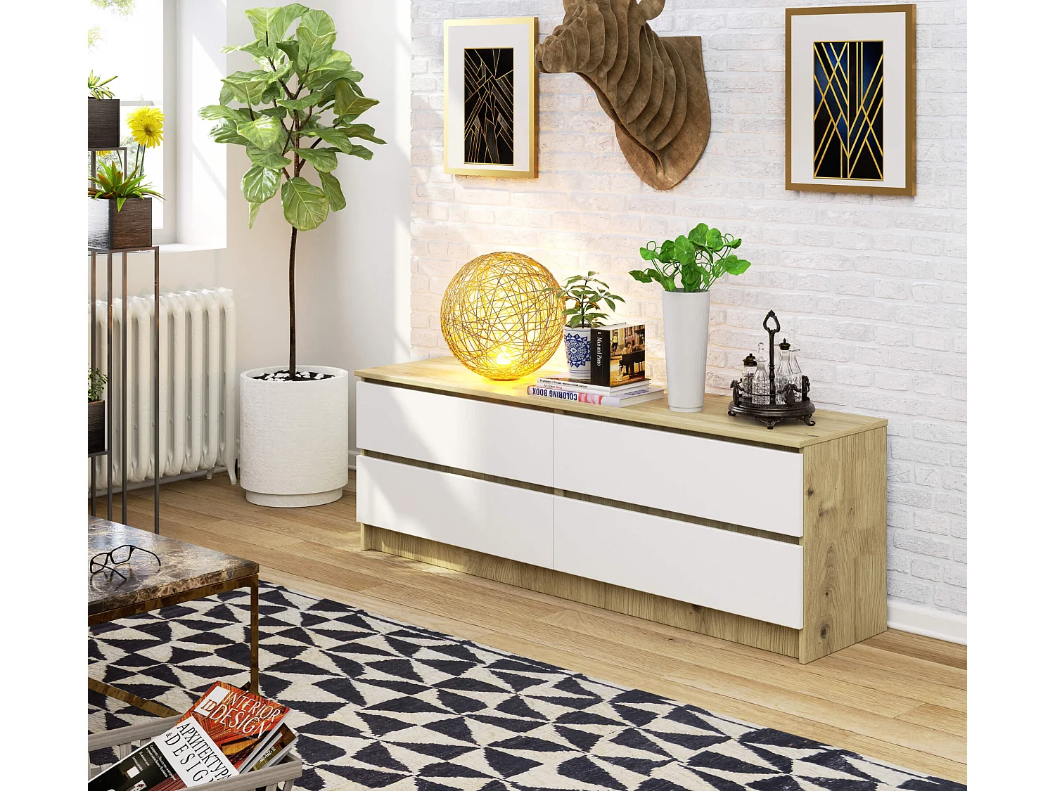 Grande Commode pour le salon AKORD K160 Chêne Artisan 160 cm 4 tiroirs façade Blanche 160x40x55 cm