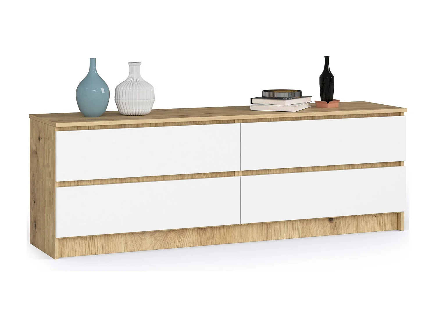 Grande Commode pour le salon AKORD K160 Chêne Artisan 160 cm 4 tiroirs façade Blanche 160x40x55 cm