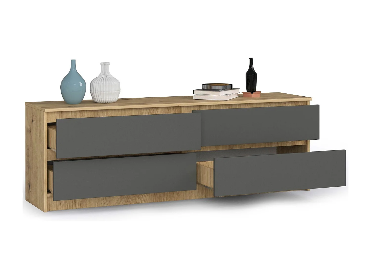 Grande Commode pour le salon AKORD K160 Chêne Artisan 160 cm 4 tiroirs façade Gris Graphite 160x40x55 cm