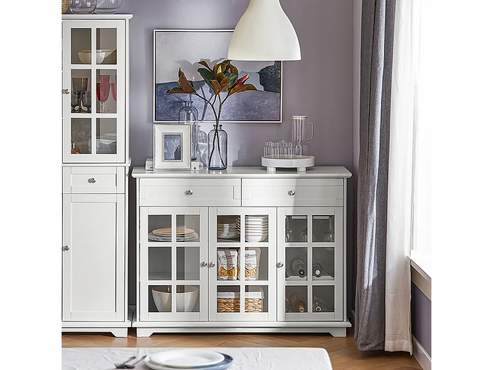 Aparador Cocina Mueble Vitrina de Cristal con 3 Puertas y 2 Cajones 119 x 40 x 90 cm FSB77-W SoBuy ES