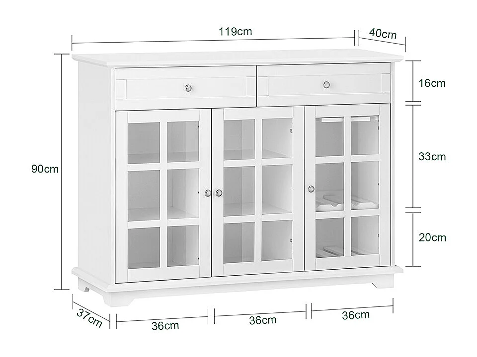 Aparador Cocina Mueble Vitrina de Cristal con 3 Puertas y 2 Cajones 119 x 40 x 90 cm FSB77-W SoBuy ES