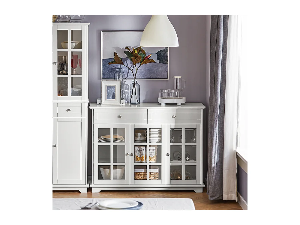 SoBuy FSB77-W Buffet Bas, Commode Armoire de Rangement, Placard de Cuisine, 3 Portes Vitrées, 2 Tiroirs