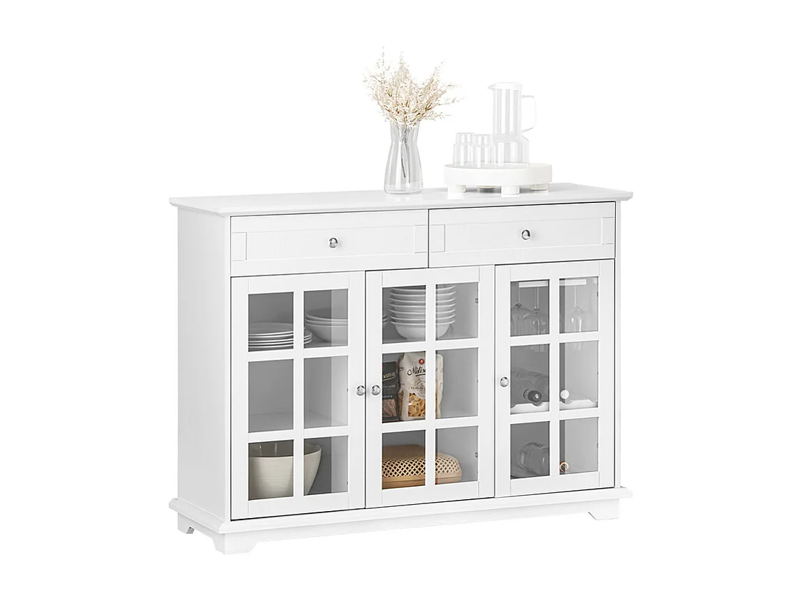 SoBuy FSB77-W Buffet Bas, Commode Armoire de Rangement, Placard de Cuisine, 3 Portes Vitrées, 2 Tiroirs