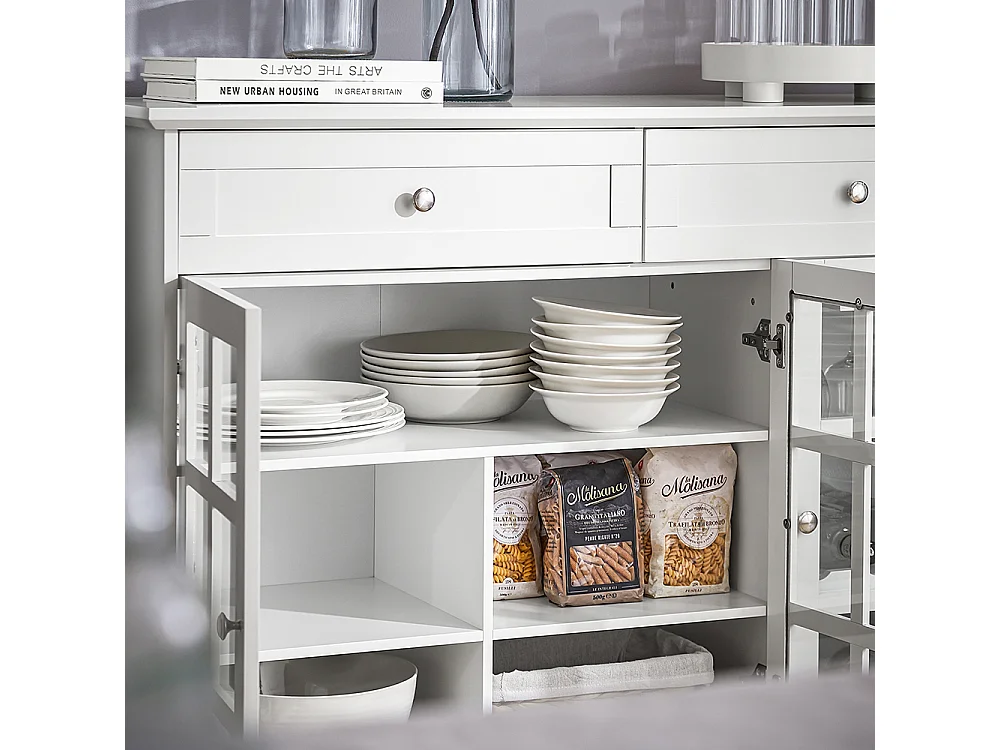 SoBuy FSB77-W Buffet Bas, Commode Armoire de Rangement, Placard de Cuisine, 3 Portes Vitrées, 2 Tiroirs