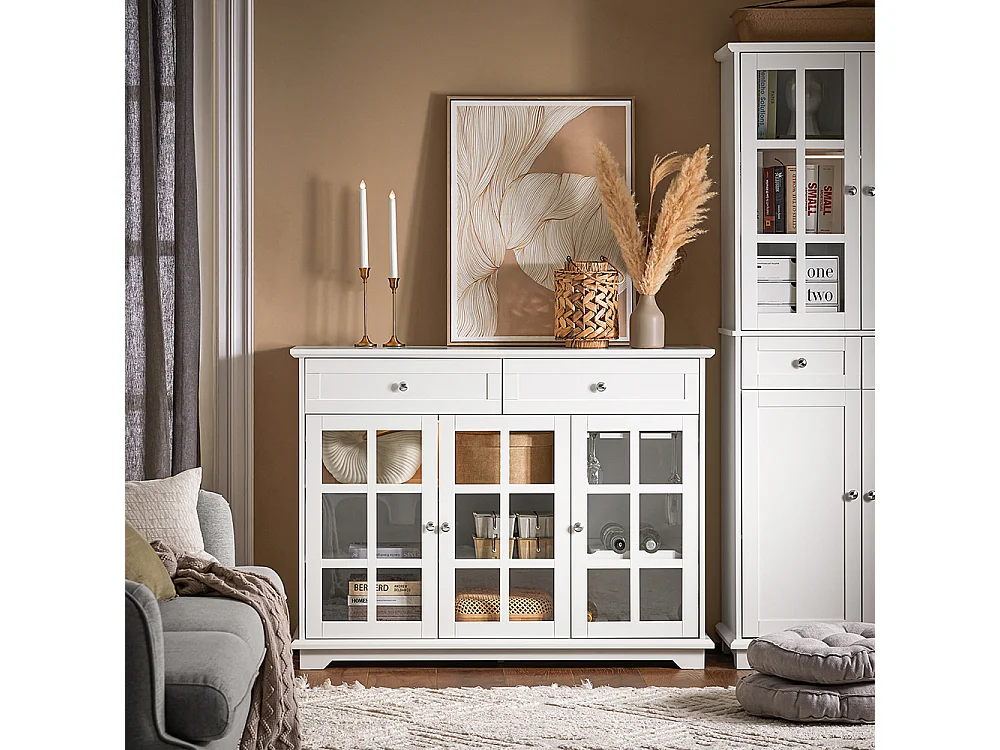 SoBuy FSB77-W Buffet Bas, Commode Armoire de Rangement, Placard de Cuisine, 3 Portes Vitrées, 2 Tiroirs