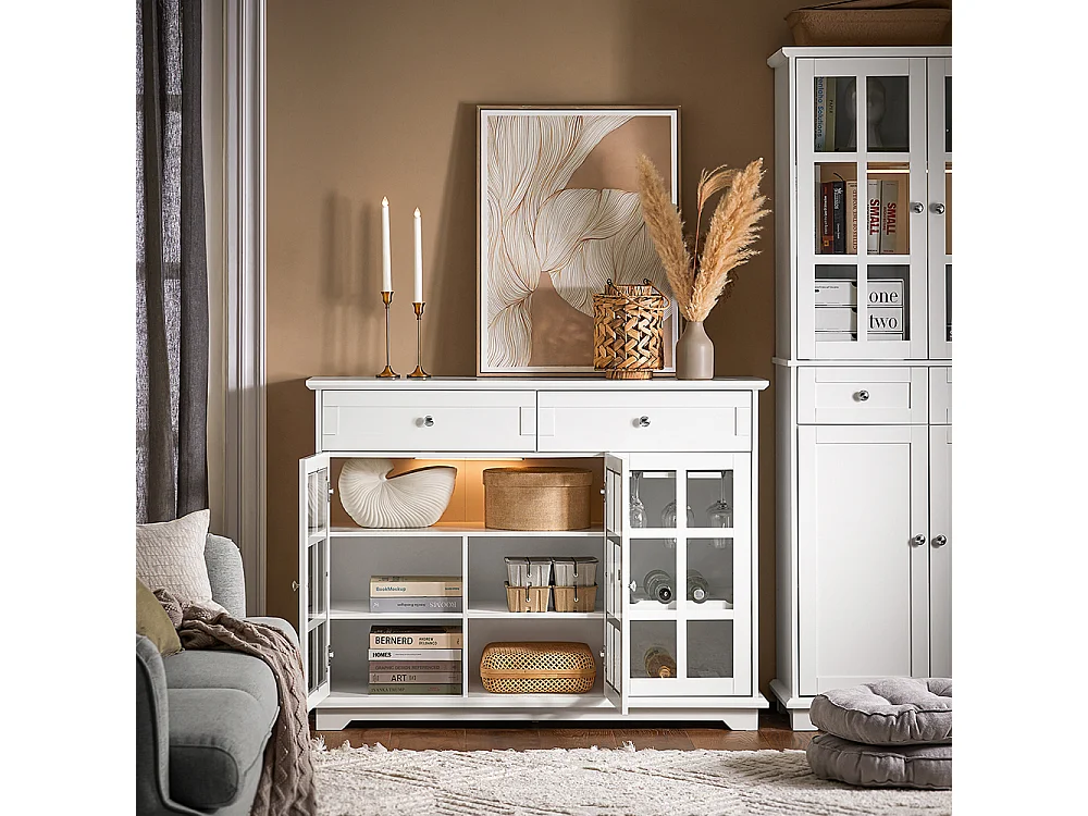 SoBuy FSB77-W Buffet Bas, Commode Armoire de Rangement, Placard de Cuisine, 3 Portes Vitrées, 2 Tiroirs