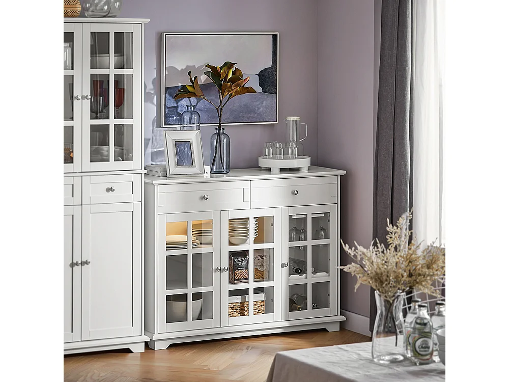 SoBuy FSB77-W Buffet Bas, Commode Armoire de Rangement, Placard de Cuisine, 3 Portes Vitrées, 2 Tiroirs