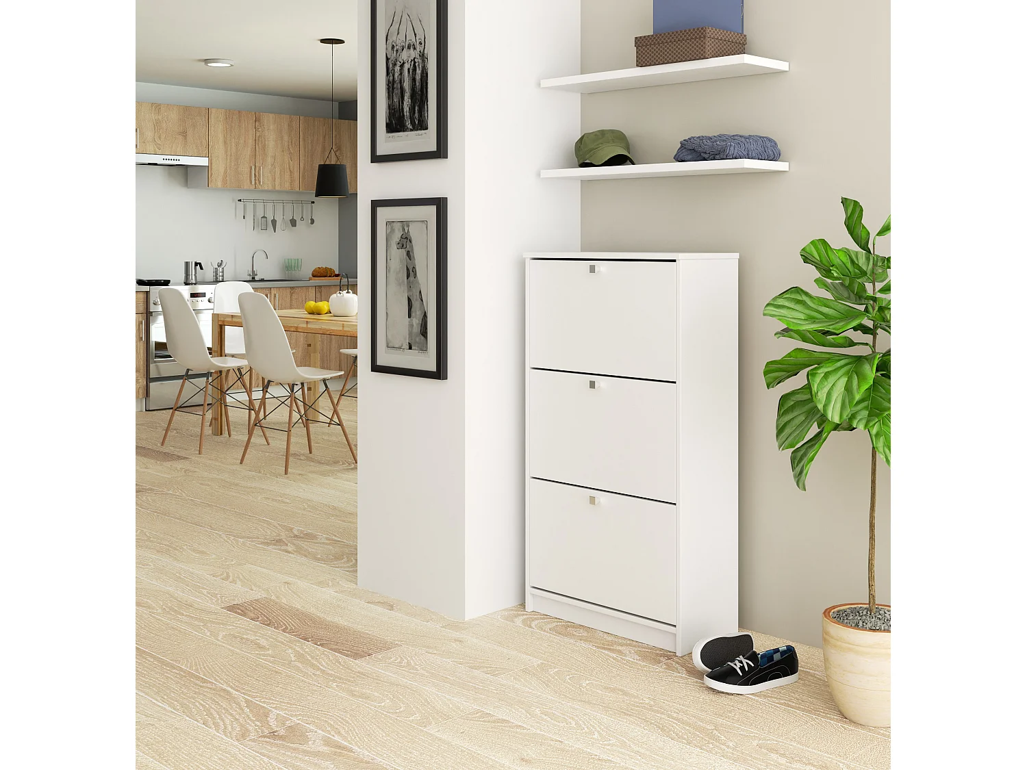 Meuble à chaussures AKORD Blanc 60 cm 3 portes façade Blanche 3 étagères 60x28,5x113 cm