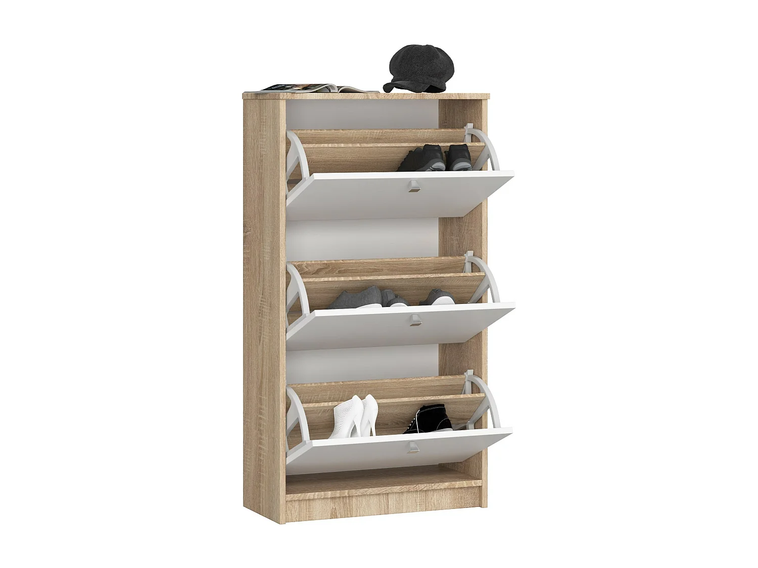 Schoenenkast met 3 Kanteldeuren 60 cm Wit/Dubbele Eikenafwerking - Stijlvol Klassiek Design voor 18 paar schoenen - Zelfmontage 113 cm Hoogte