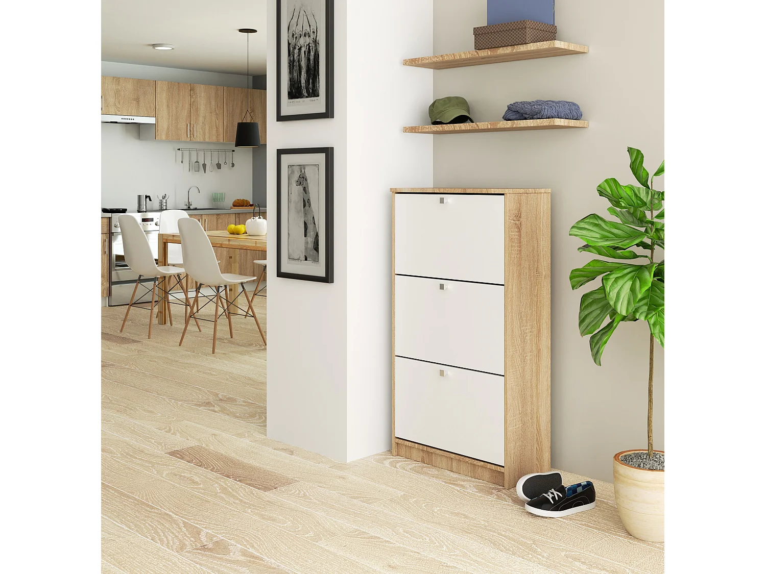 Szafka na buty AKORD Dąb Sonoma 60 cm 3 drzwi kolor Biały mat 3 półki 60x28,5x113 cm