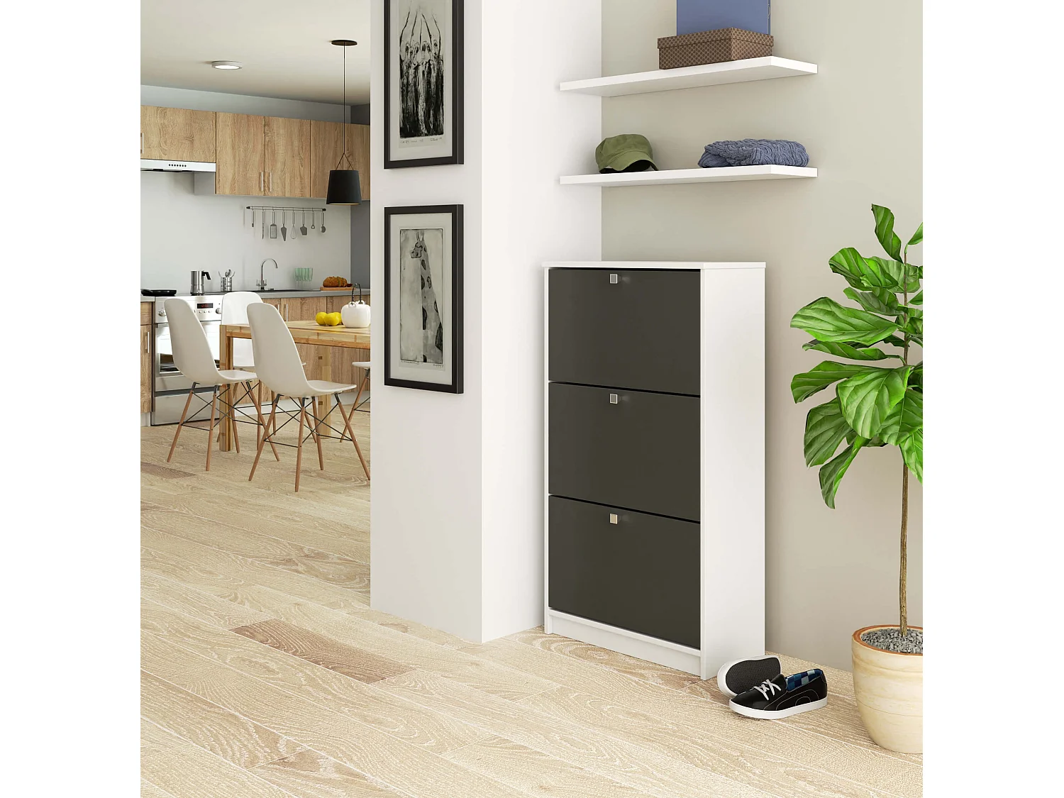 Scarpiera AKORD Bianco 60 cm 3 ante inserto frontale Grigio Grafite 60x28,5x113 cm