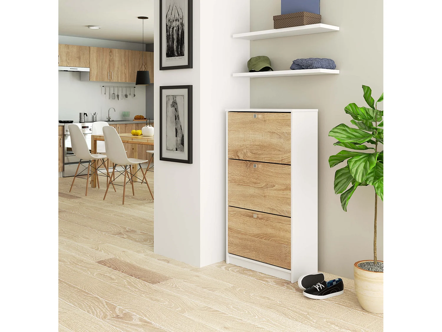 Scarpiera AKORD Bianco 60 cm 3 ante inserto frontale Sonoma Quercia 60x28,5x113 cm