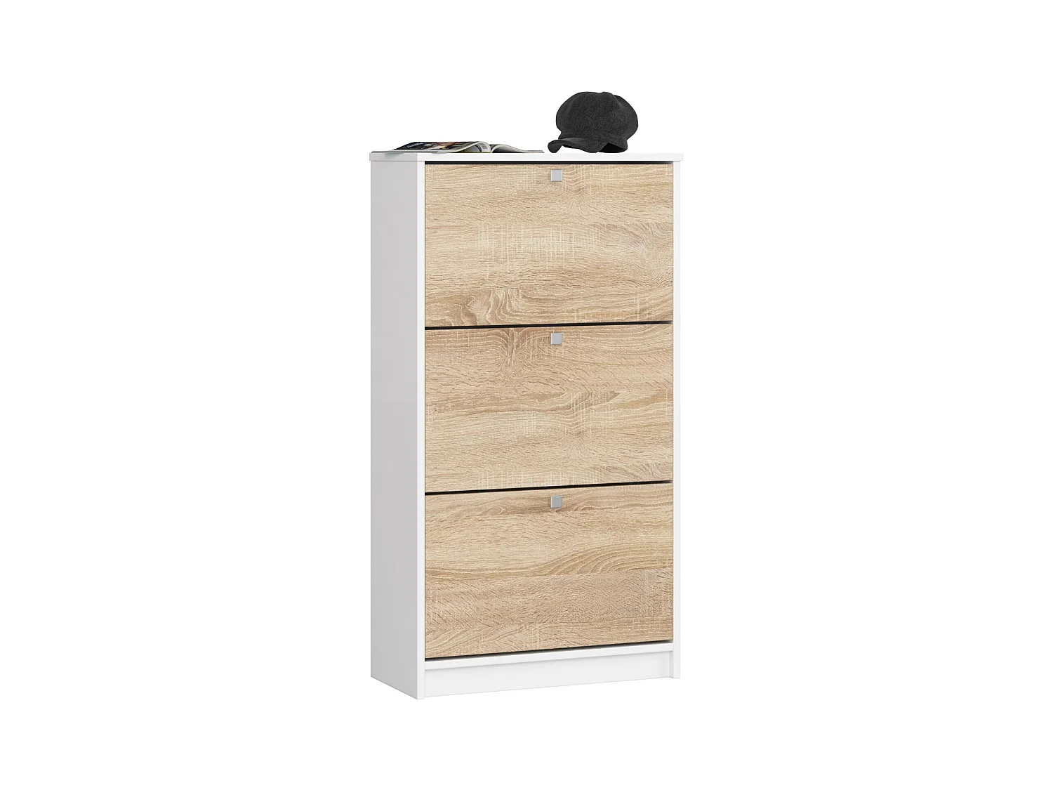 Meuble à chaussures AKORD Blanc 60 cm 3 portes façade Chêne Sonoma 3 étagères 60x28,5x113 cm
