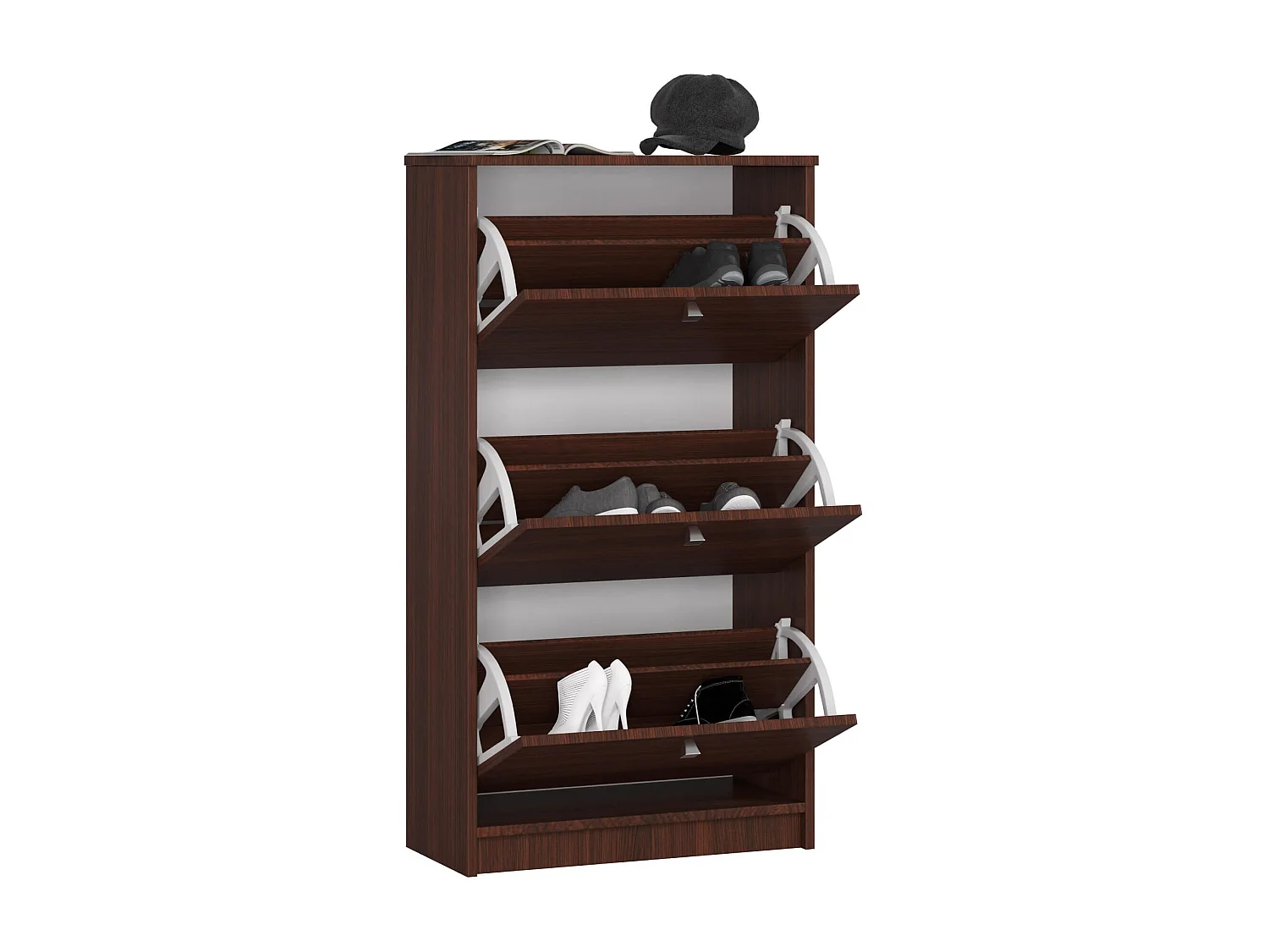 Klassieke Schoenenkast met 3 Kanteldeuren - Wenge, 60 cm Breed, Zelfmontage