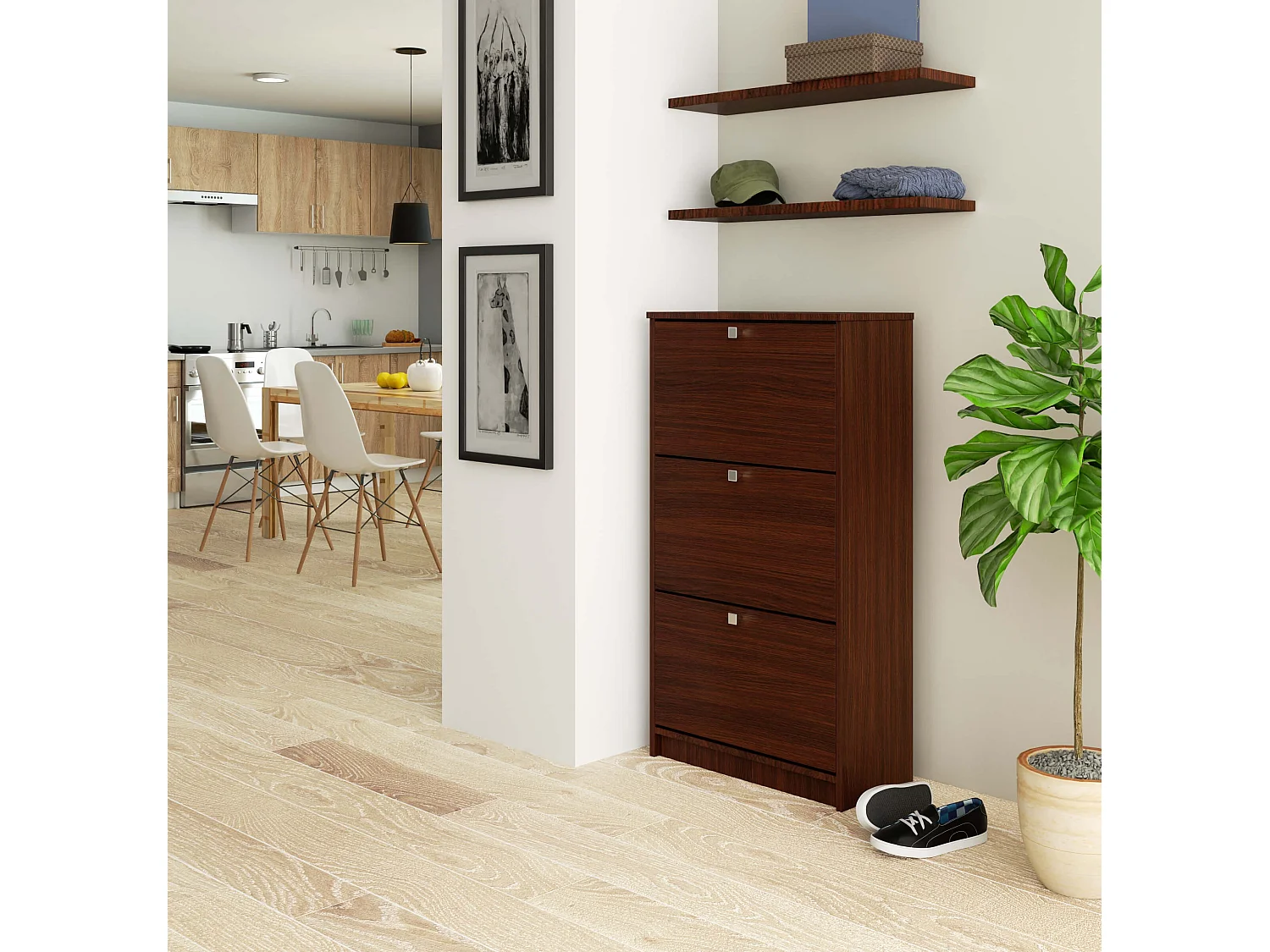 Klassieke Schoenenkast met 3 Kanteldeuren - Wenge, 60 cm Breed, Zelfmontage