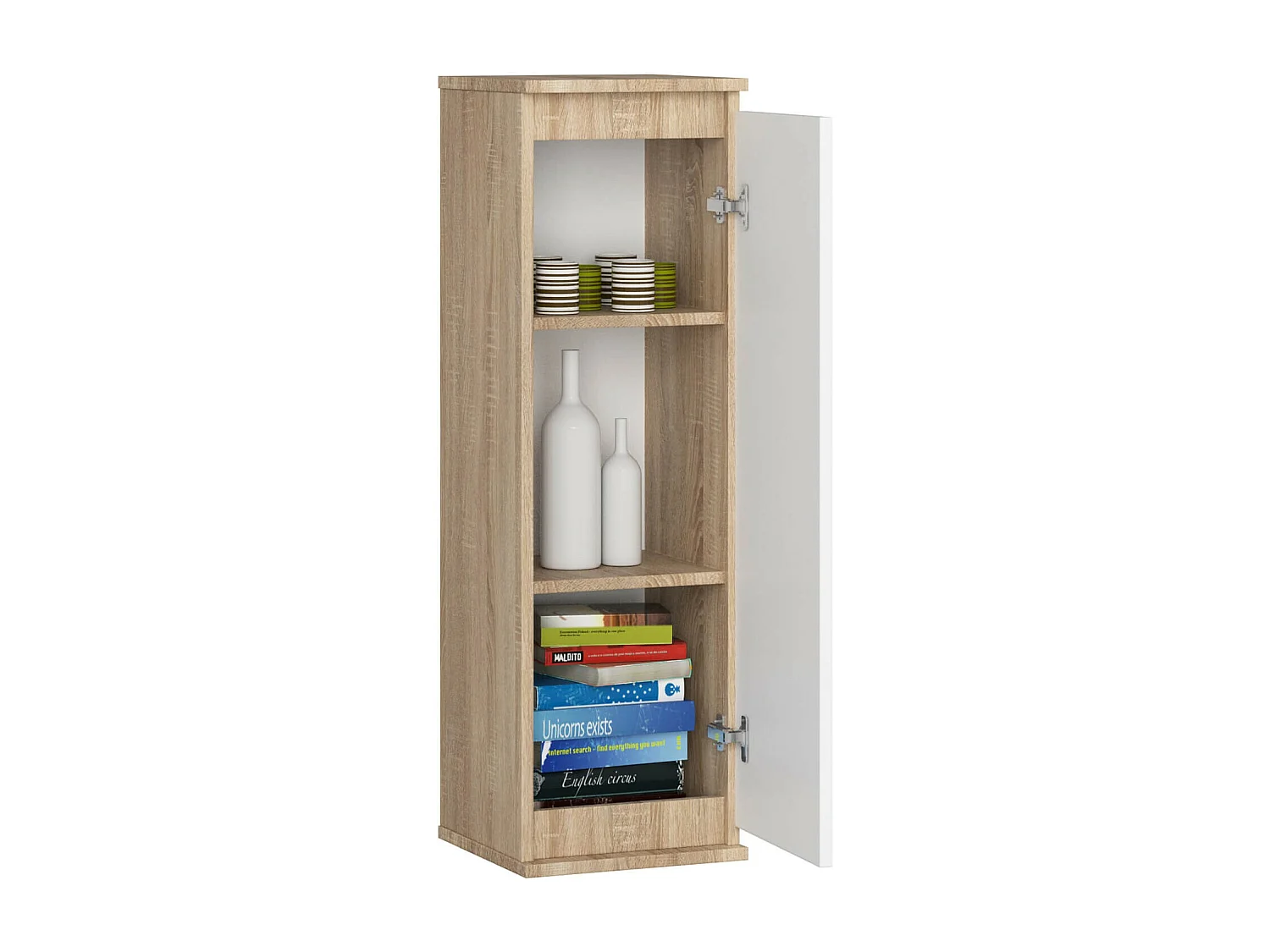 Hangende Vitrinekast - Wit en Sonoma Eiken - 1 Deurs Mat Front - 30x99x30cm
