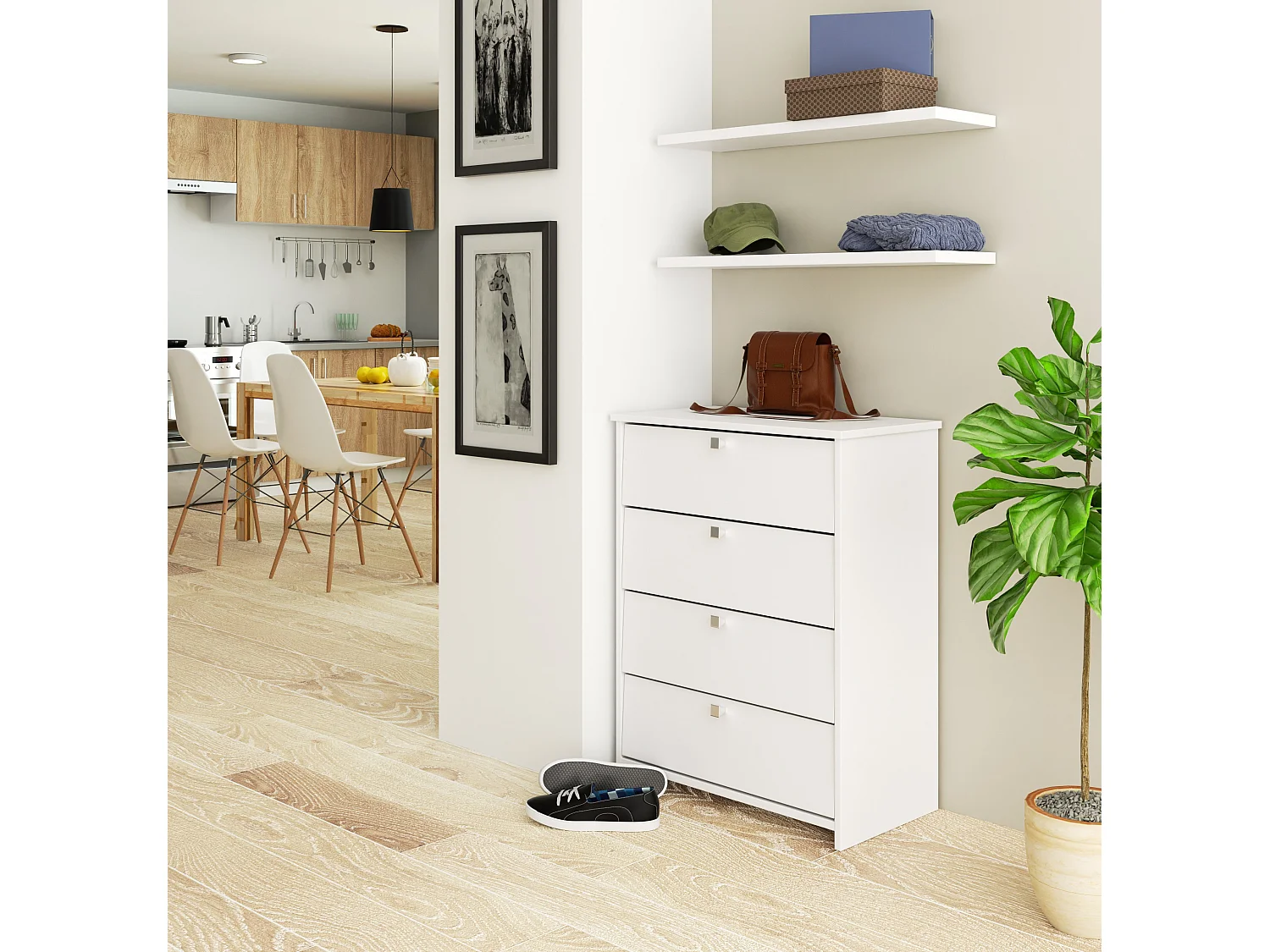 Meuble à chaussures AKORD RUBIN Blanc 66 cm 4 portes façade Blanche 4 étagères 66x36x85 cm