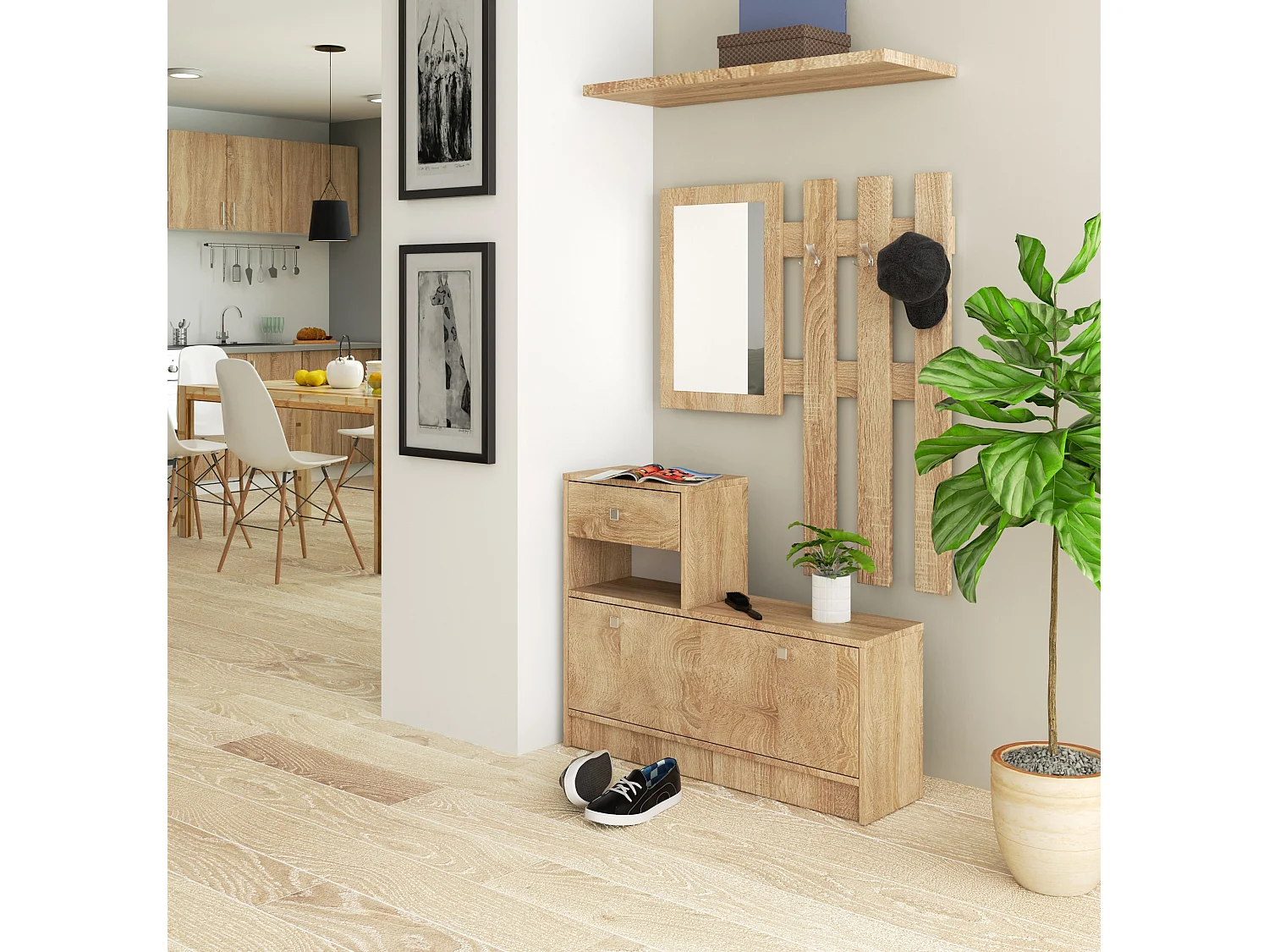 Ensemble d'entrée AKORD avec l'armoire à chaussures Chêne Sonoma 90 cm 1 porte 1 tiroir 2 étagères 90x25x170 cm