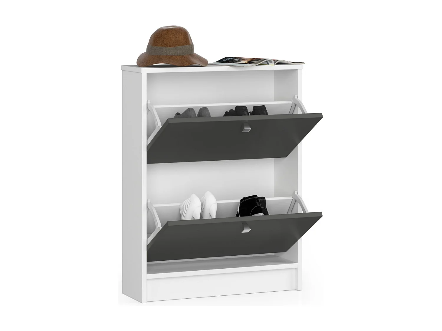 Schuhschrank AKORD in der Farbe Weiß mit 2 Schuhkipper Front Graphitgrau B60 x H80 x T20 cm Gewicht 16,9 kg