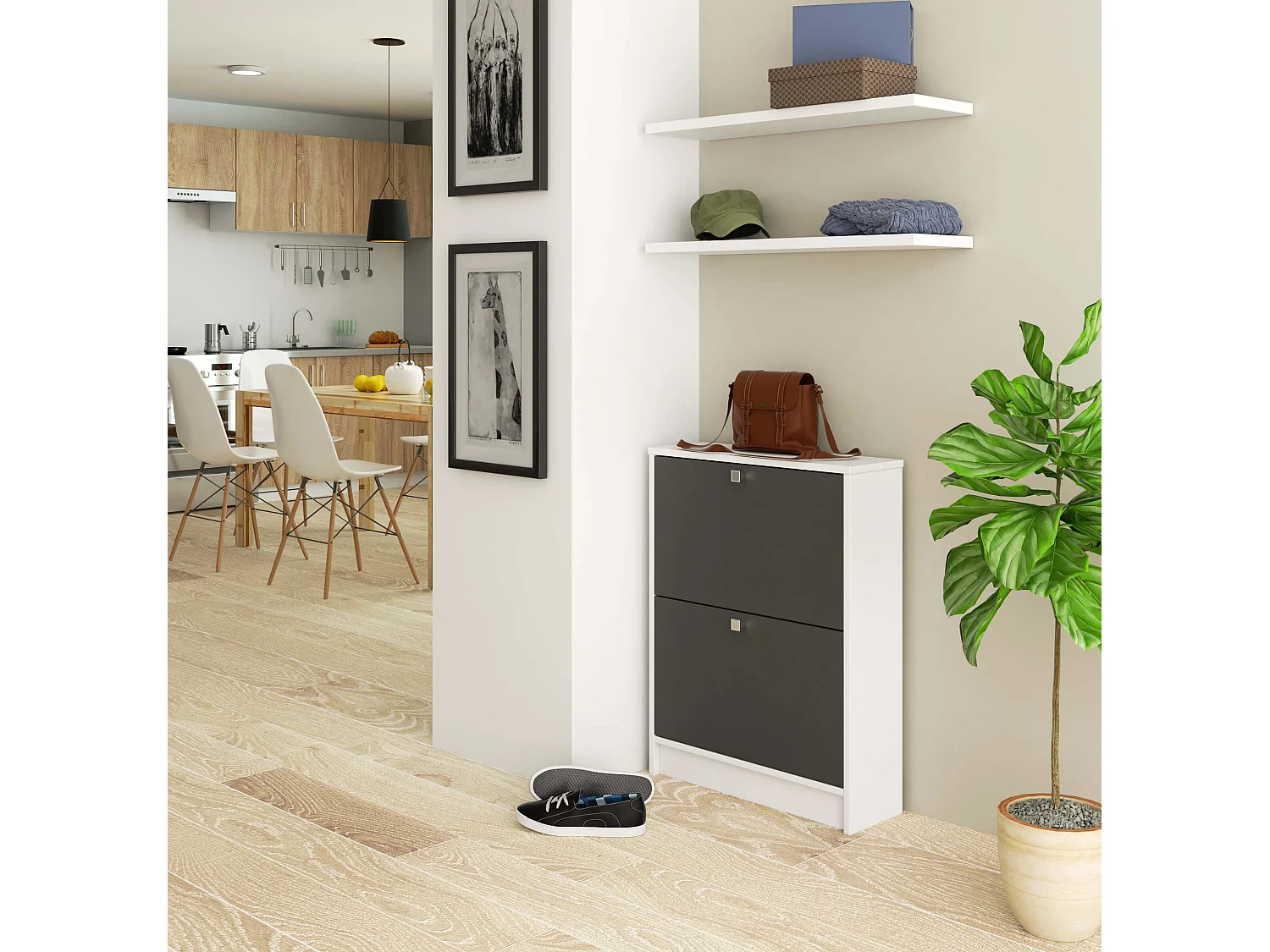 Schuhschrank AKORD in der Farbe Weiß mit 2 Schuhkipper Front Graphitgrau B60 x H80 x T20 cm Gewicht 16,9 kg