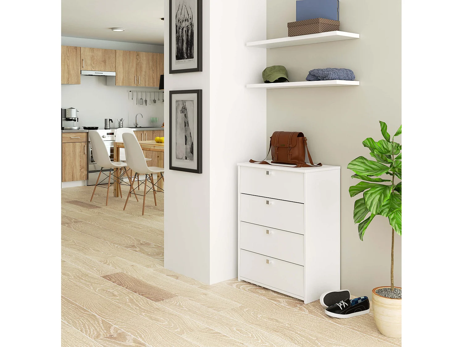 Meuble à chaussures AKORD Blanc 60 cm 4 portes façade Blanche 4 étagères 60x33x80 cm