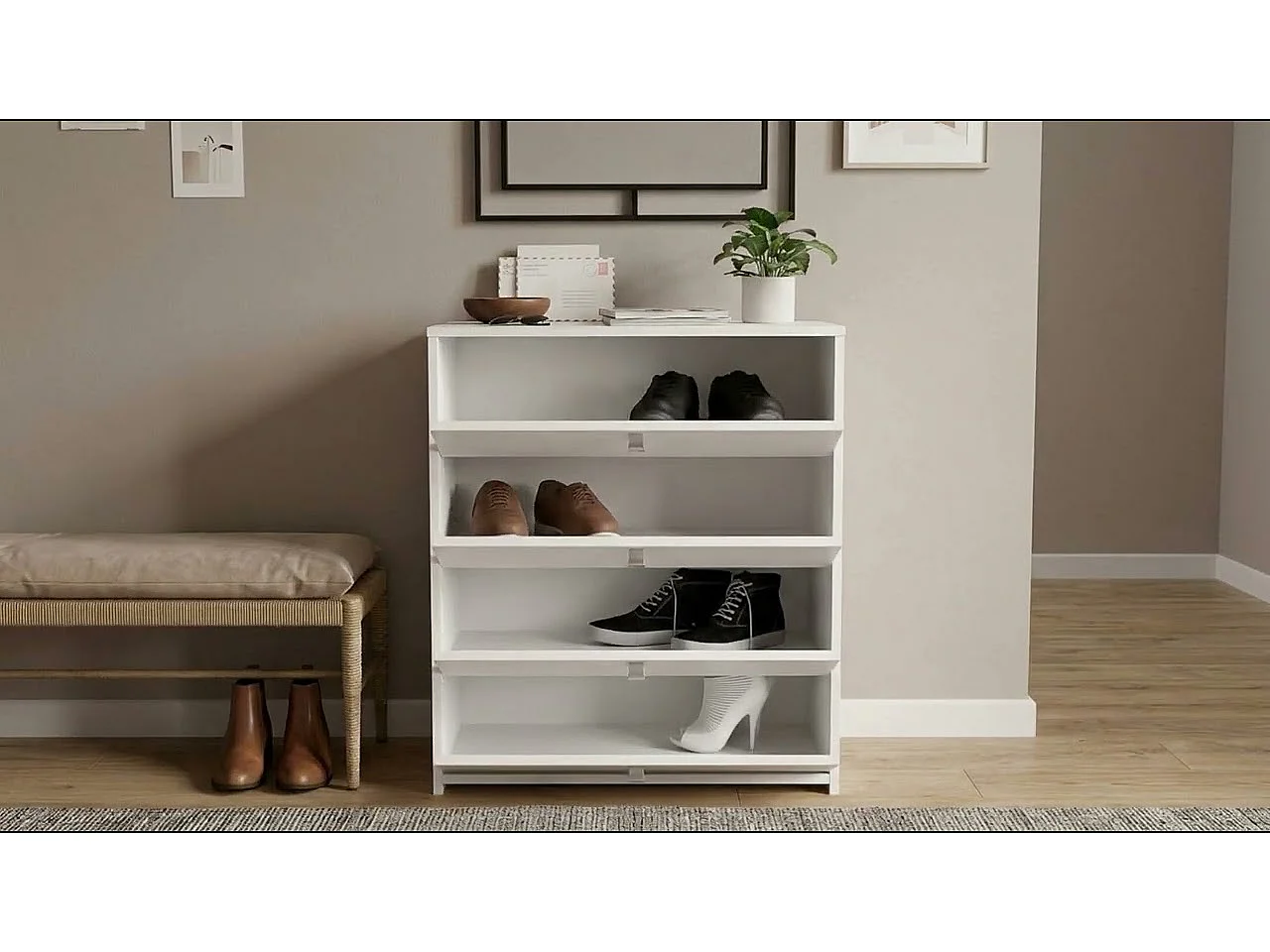 Meuble à chaussures AKORD Blanc 60 cm 4 portes façade Blanche 4 étagères 60x33x80 cm