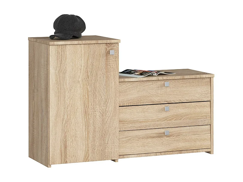 2-in-1 Garderobenkommode und Schuhschrank AKORD S16 in der Farbe Sonoma-Eiche mit 4 Schuhkipper B98,4 x H68 x T33 cm Gewicht 24,9 kg