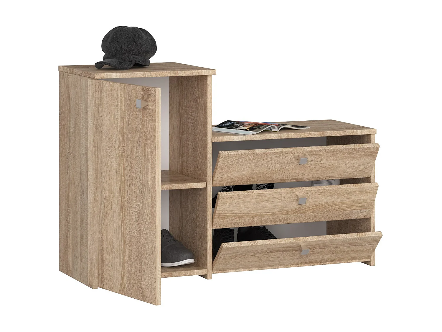 2-in-1 Garderobenkommode und Schuhschrank AKORD S16 in der Farbe Sonoma-Eiche mit 4 Schuhkipper B98,4 x H68 x T33 cm Gewicht 24,9 kg