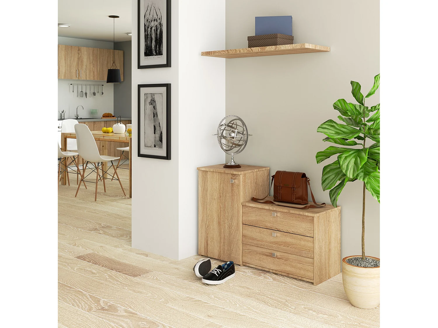 2-in-1 Garderobenkommode und Schuhschrank AKORD S16 in der Farbe Sonoma-Eiche mit 4 Schuhkipper B98,4 x H68 x T33 cm Gewicht 24,9 kg