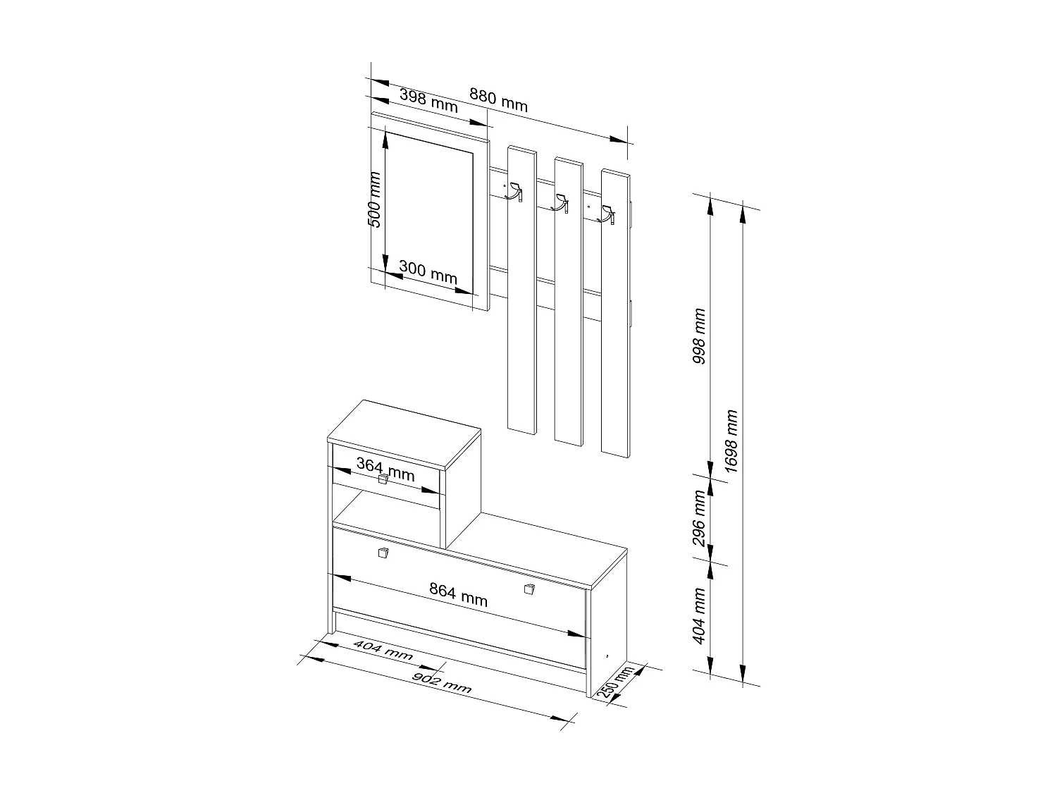 Ensemble d'entrée AKORD avec l'armoire à chaussures Aulne 90 cm 1 porte 1 tiroir façade Aulne 2 étagères 90x25x170 cm