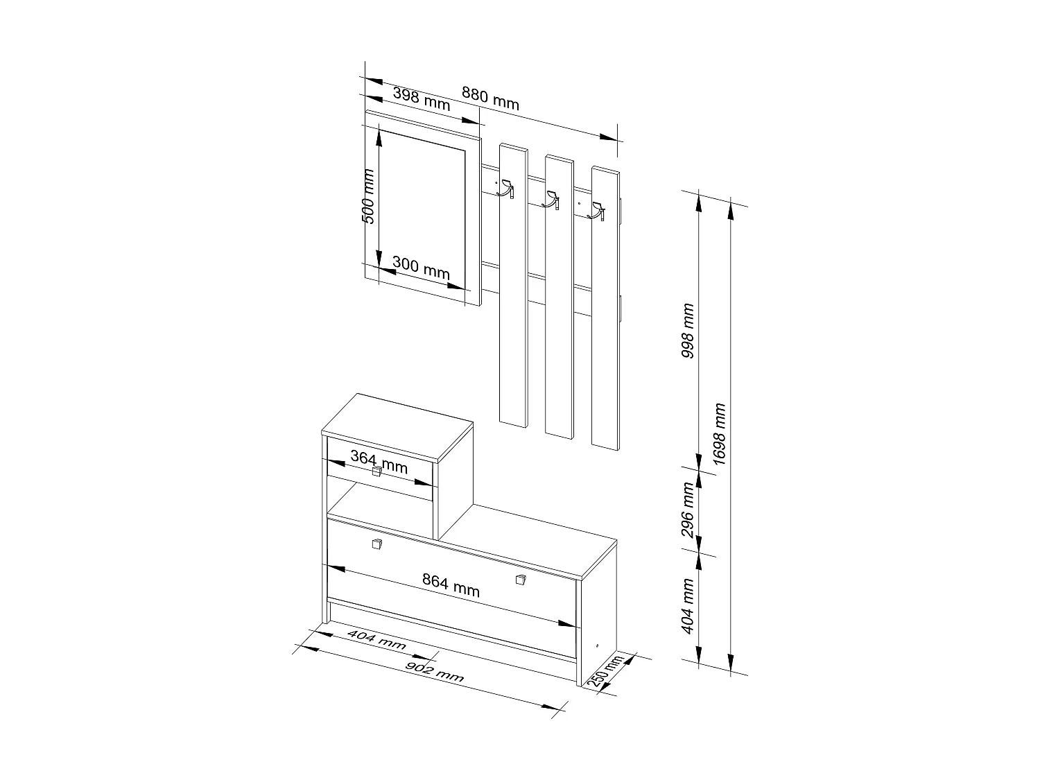 Ensemble d'entrée AKORD avec l'armoire à chaussures Aulne 90 cm 1 porte 1 tiroir façade Aulne 2 étagères 90x25x170 cm