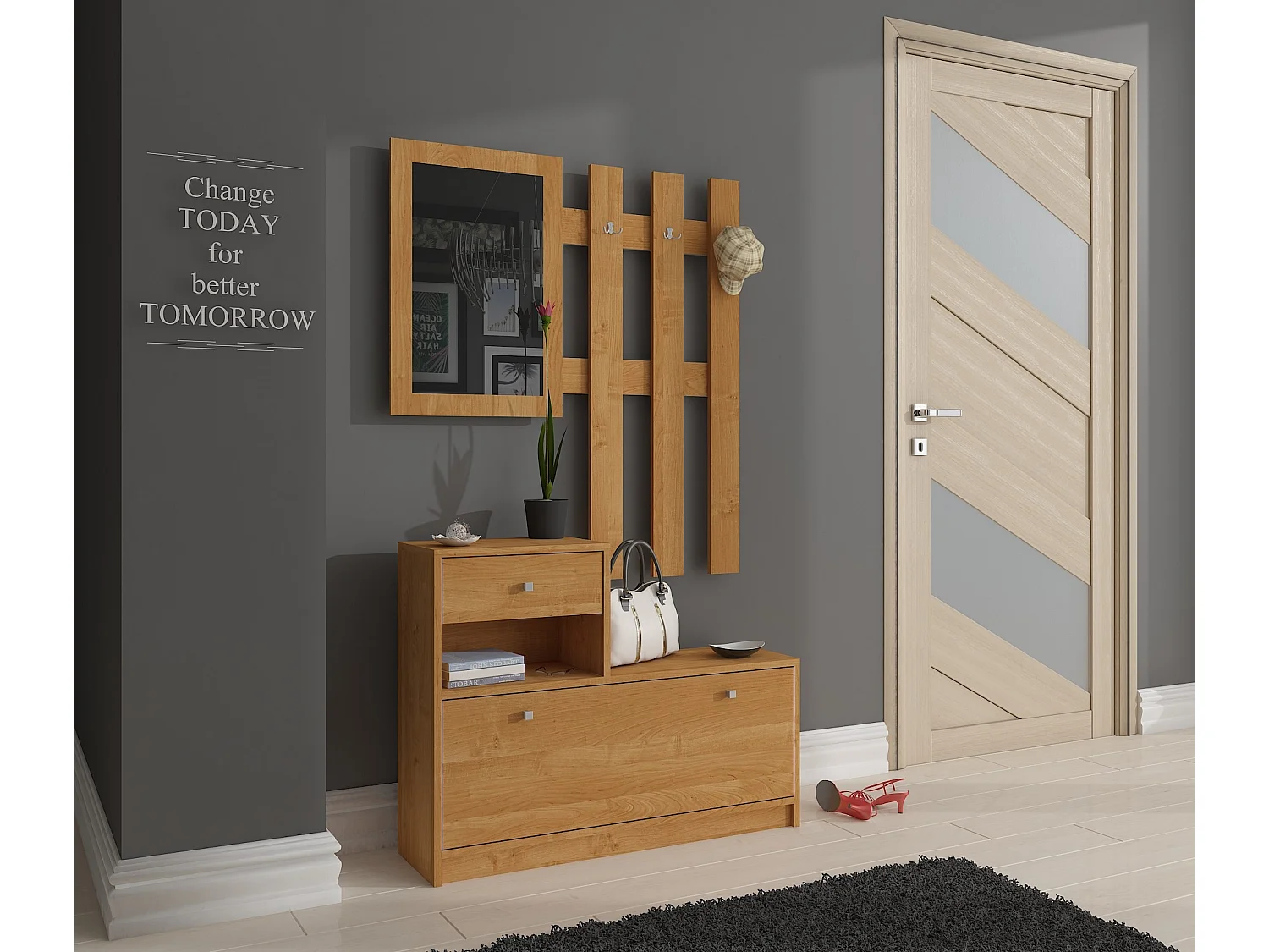 Ensemble d'entrée AKORD avec l'armoire à chaussures Aulne 90 cm 1 porte 1 tiroir façade Aulne 2 étagères 90x25x170 cm