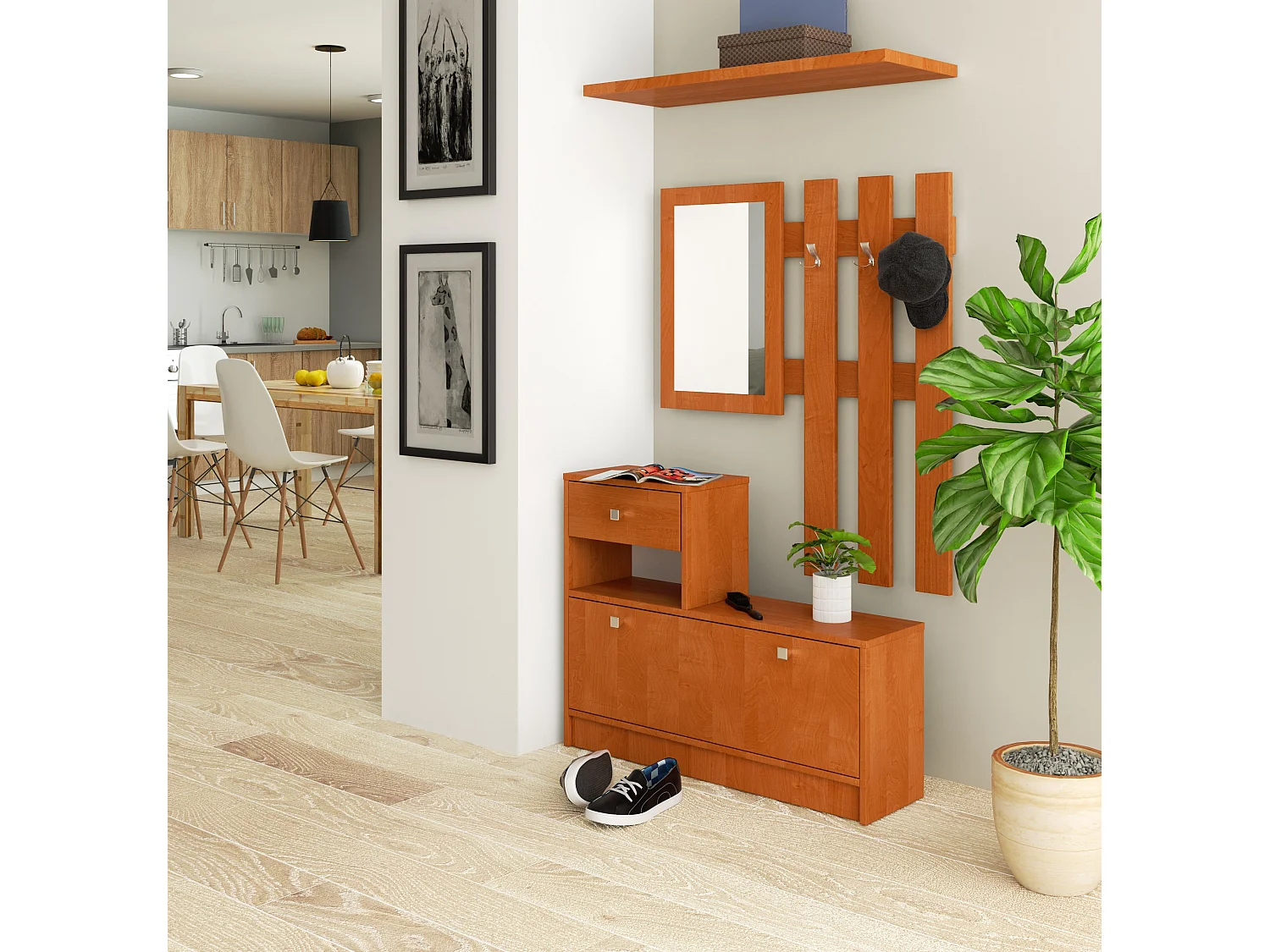 Ensemble d'entrée AKORD avec l'armoire à chaussures Aulne 90 cm 1 porte 1 tiroir façade Aulne 2 étagères 90x25x170 cm