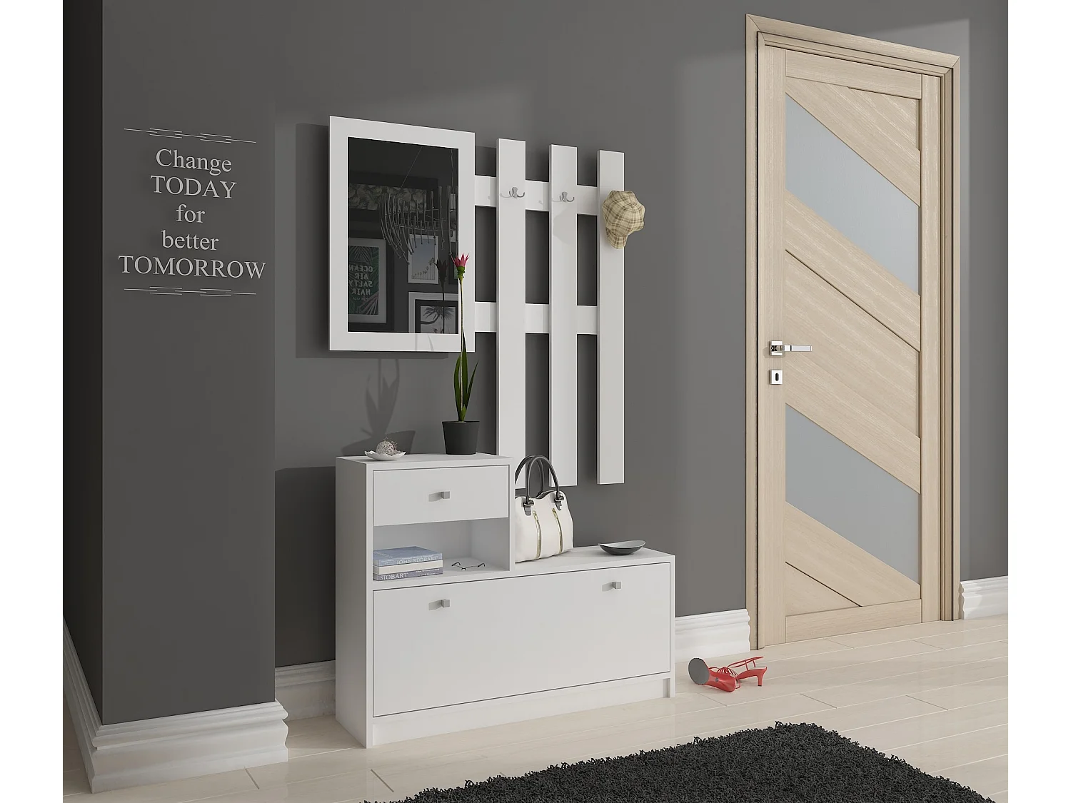 Garderoben-Set AKORD Schuhkommode mit Aufsatz in der Farbe Weiß mit 1 Schuhkipper B90 x H170 x T25 cm und Wandgarderobe mit Spiegel Gewicht 26,4 kg