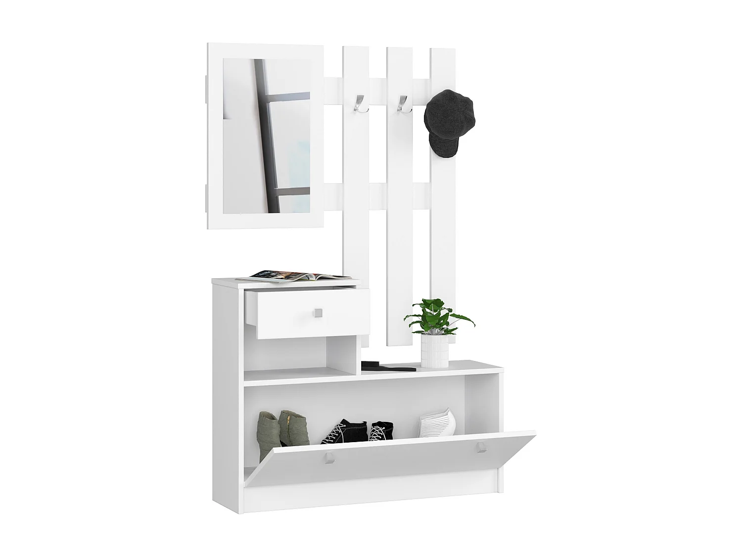 Meuble à chaussures AKORD Blanc 90 cm 1 porte 1 tiroir façade Blanche 2 étagères 90x25x170 cm