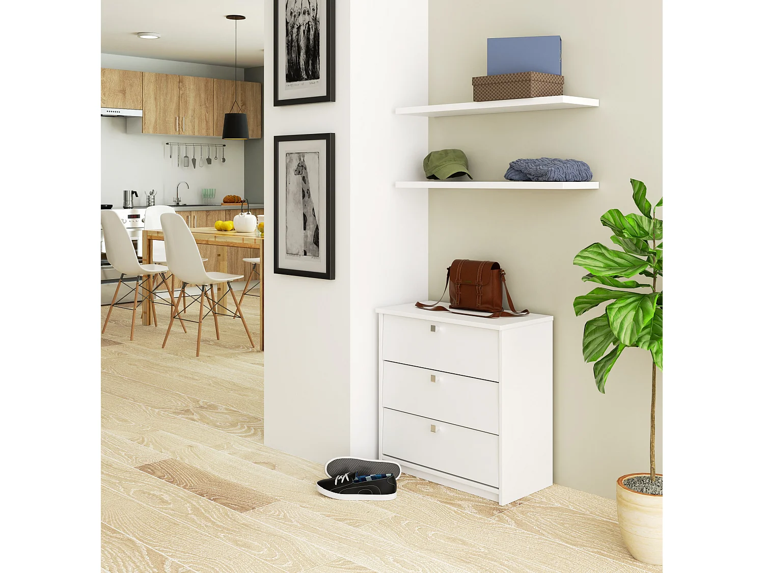 Meuble à chaussures AKORD MINI Blanc 60 cm 3 portes façade Blanche 3 étagères 60x31x62 cm