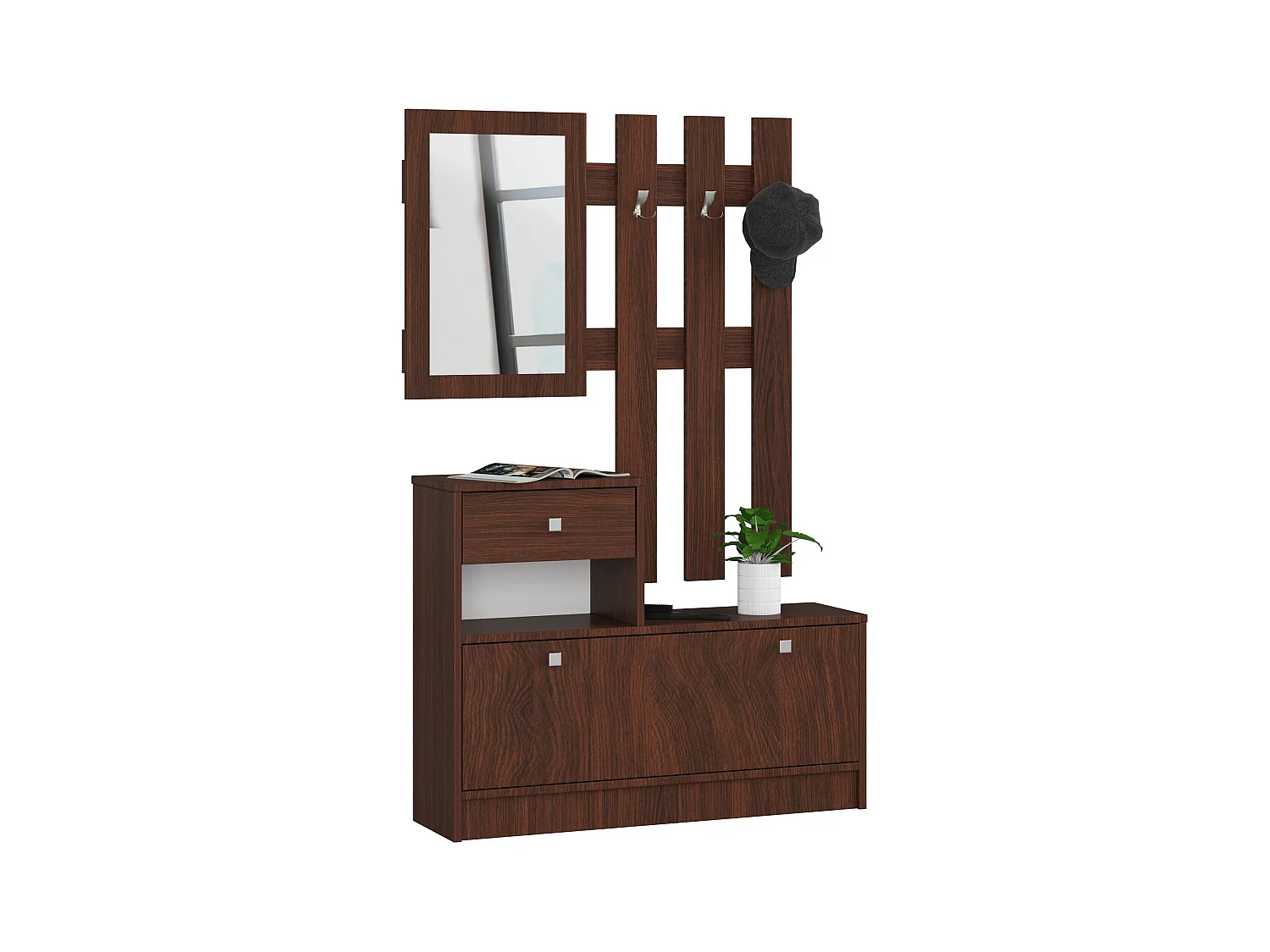 Ensemble d'entrée AKORD avec l'armoire à chaussures Wengé 90 cm 1 porte 1 tiroir façade Wengé 2 étagères 90x25x170 cm