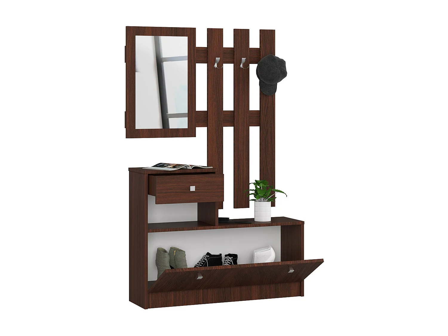 Garderoben-Set AKORD Schuhkommode mit Aufsatz in der Farbe Wenge mit 1 Schuhkipper B90 x H170 x T25 cm und Wandgarderobe mit Spiegel Gewicht 26,4 kg