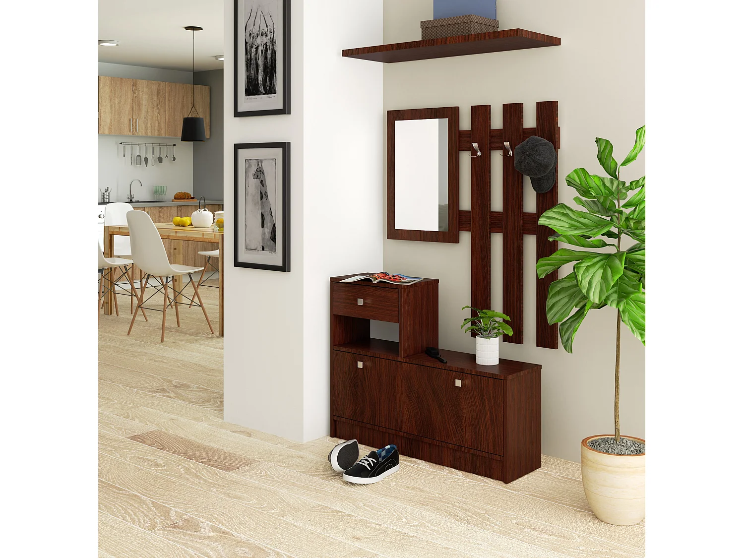 Garderoben-Set AKORD Schuhkommode mit Aufsatz in der Farbe Wenge mit 1 Schuhkipper B90 x H170 x T25 cm und Wandgarderobe mit Spiegel Gewicht 26,4 kg