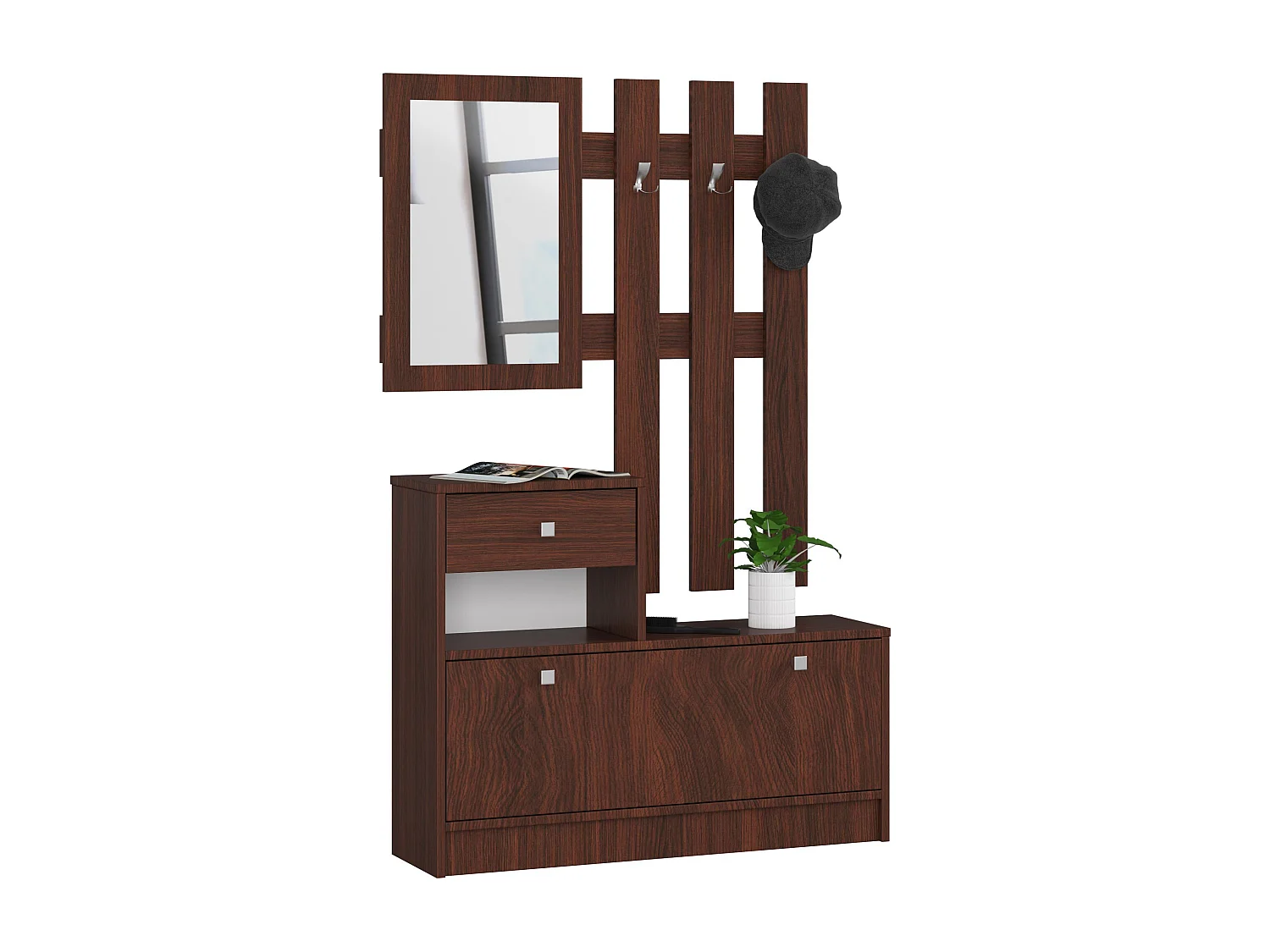 Ensemble d'entrée AKORD avec l'armoire à chaussures Wengé 90 cm 1 porte 1 tiroir façade Wengé 2 étagères 90x25x170 cm