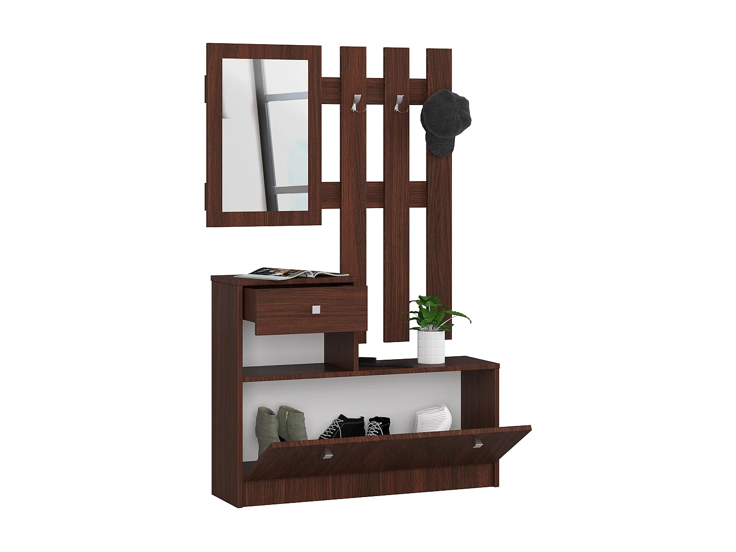 Ensemble d'entrée AKORD avec l'armoire à chaussures Wengé 90 cm 1 porte 1 tiroir façade Wengé 2 étagères 90x25x170 cm