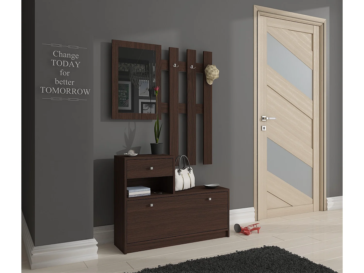 Ensemble d'entrée AKORD avec l'armoire à chaussures Wengé 90 cm 1 porte 1 tiroir façade Wengé 2 étagères 90x25x170 cm